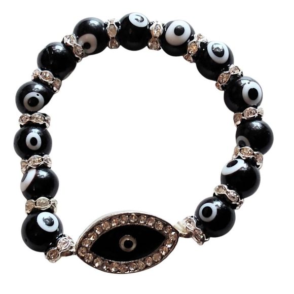 Amazon Jewelry - Crystal & Black Beaded Evil Eye Sliver Plated Bracelet